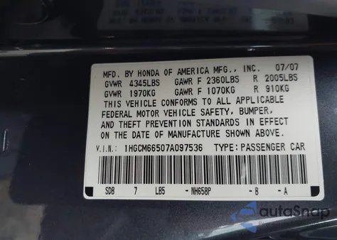 2007 Honda Accord 3.0 Ex from USA, damaged, VIN 1HGCM66507A097536